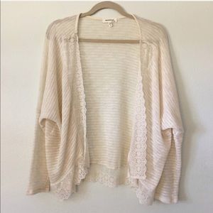 Monteau • lace trim cream cardigan sweater